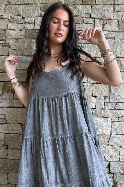 Lenni Cotton Tiered Dress Washed Charcoal